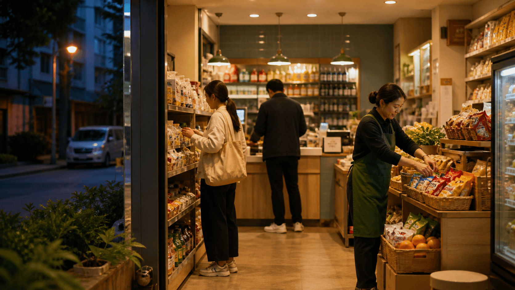 傍晚时分的社区便利店,顾客与店员在温暖灯光下完成日常购物