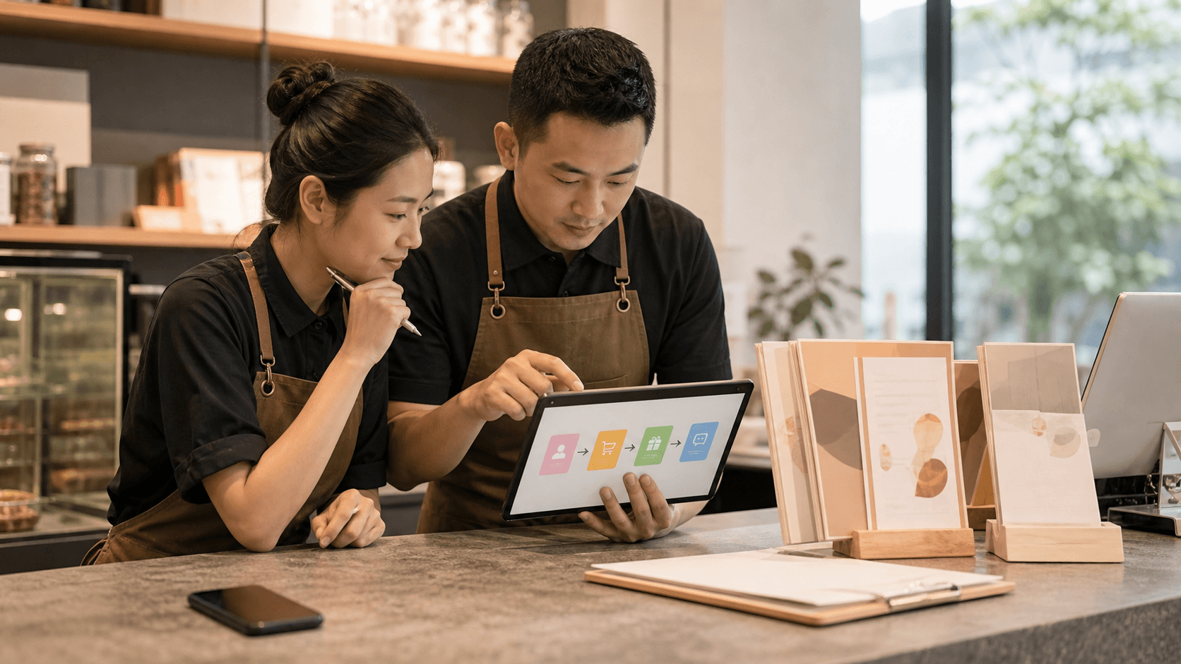 门店店员在服务台梳理顾客入口和后续营销动作