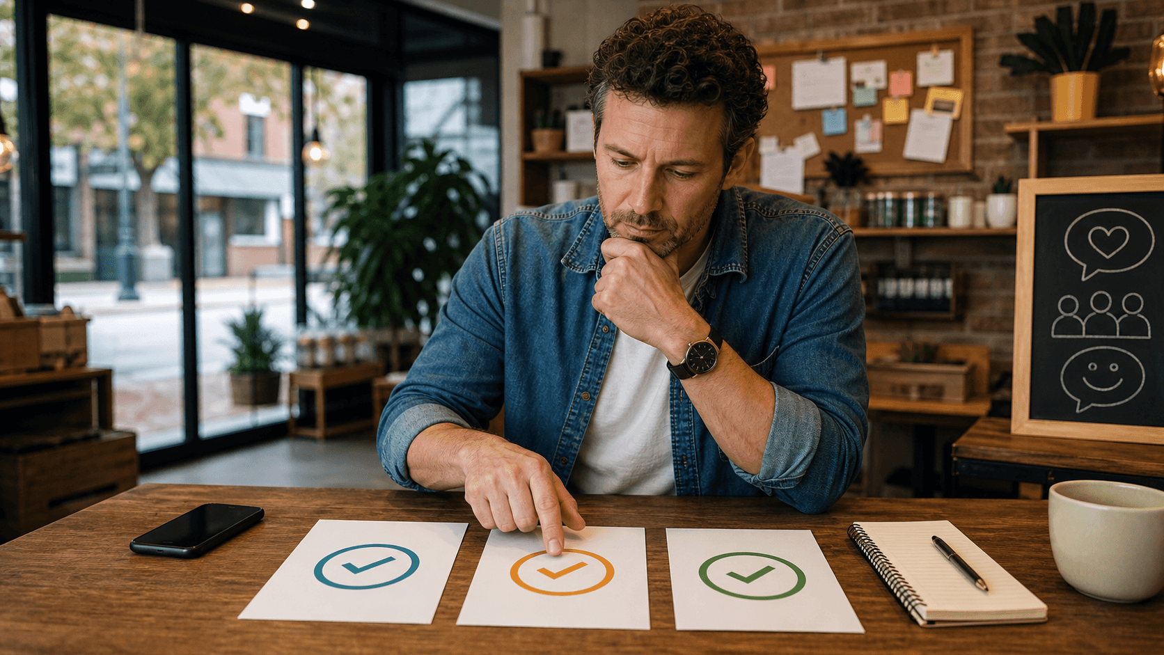 A local business owner comparing three review software options at a counter