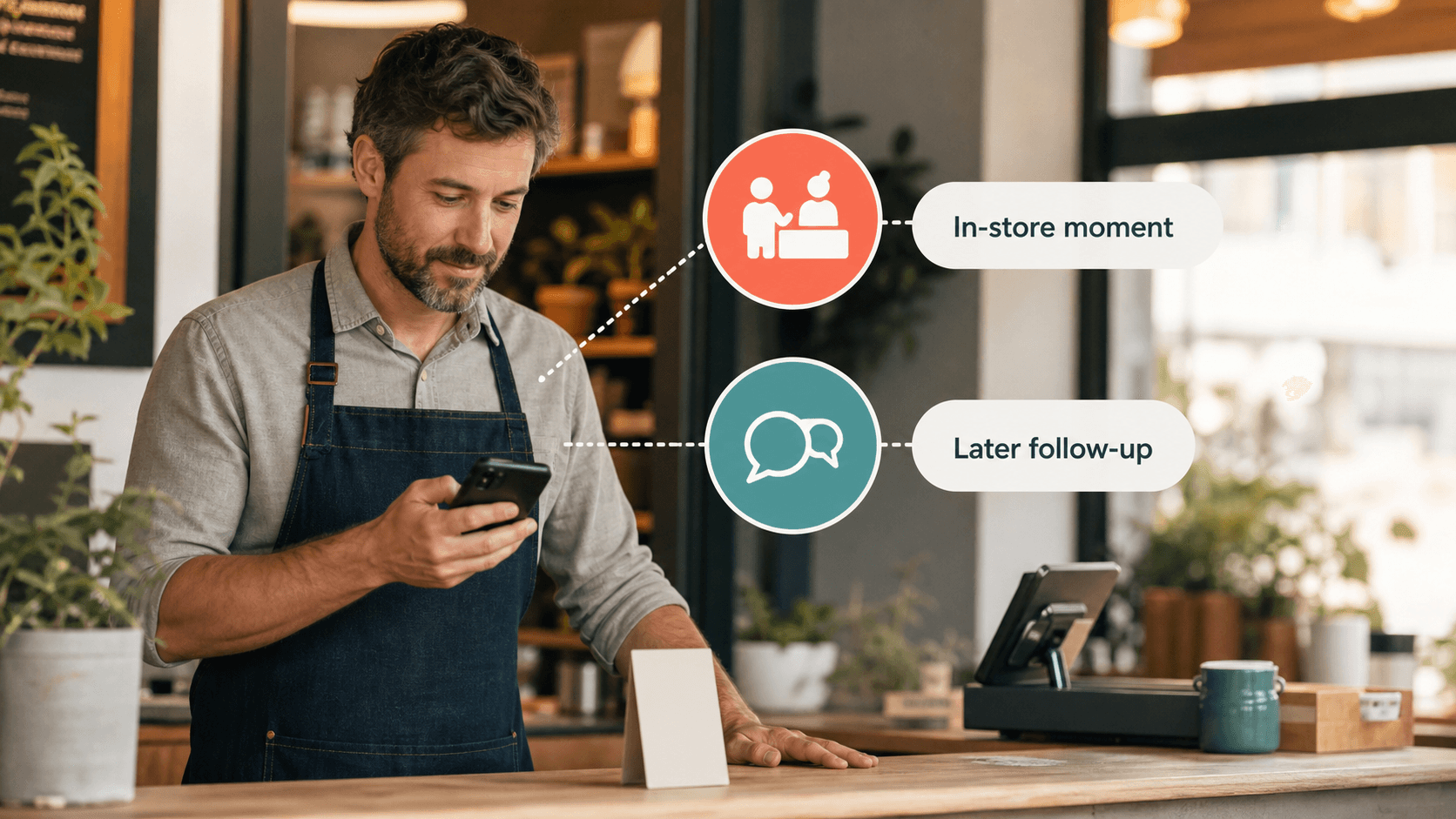 A local business owner comparing an in-store customer moment with a later follow-up message