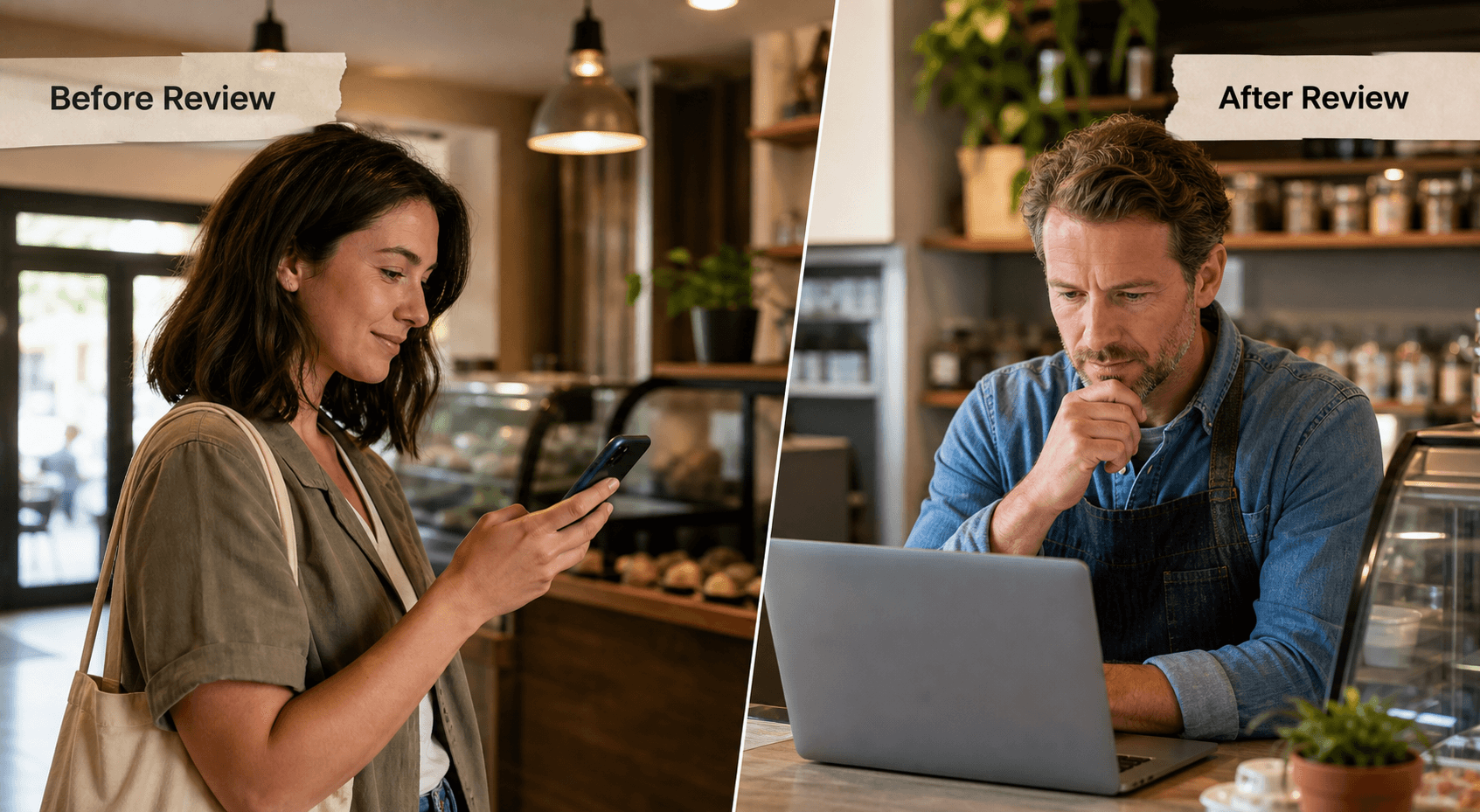 A local customer moment before a review and a business owner replying after a review
