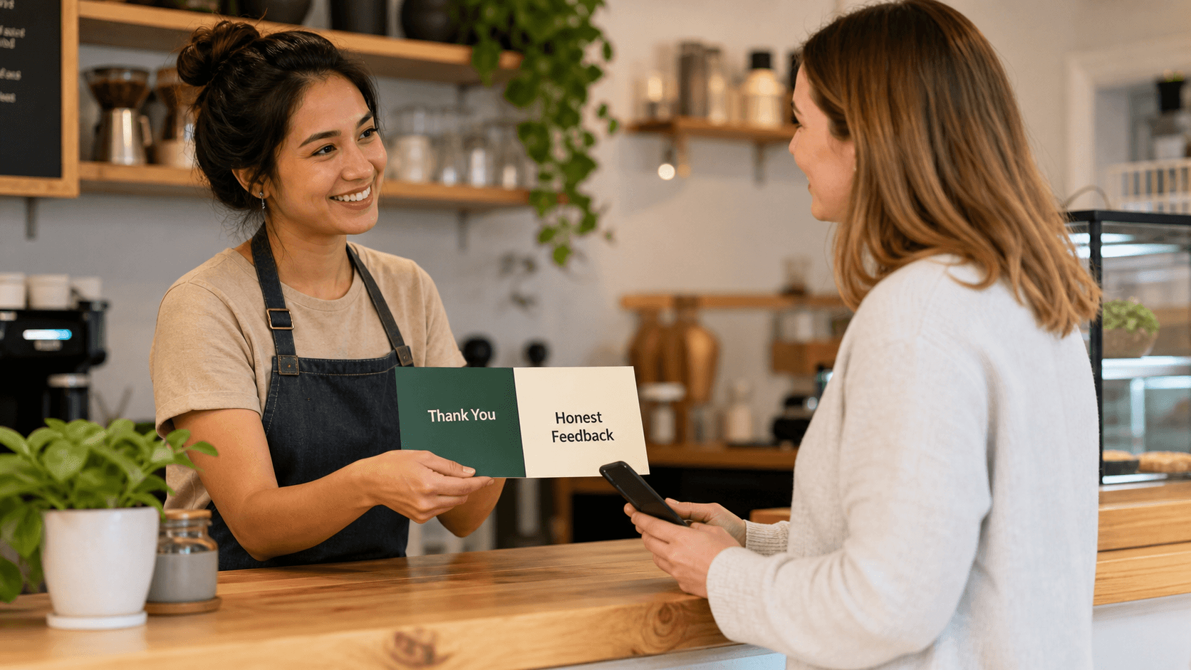 A local business owner offering a neutral thank-you and honest feedback card after service