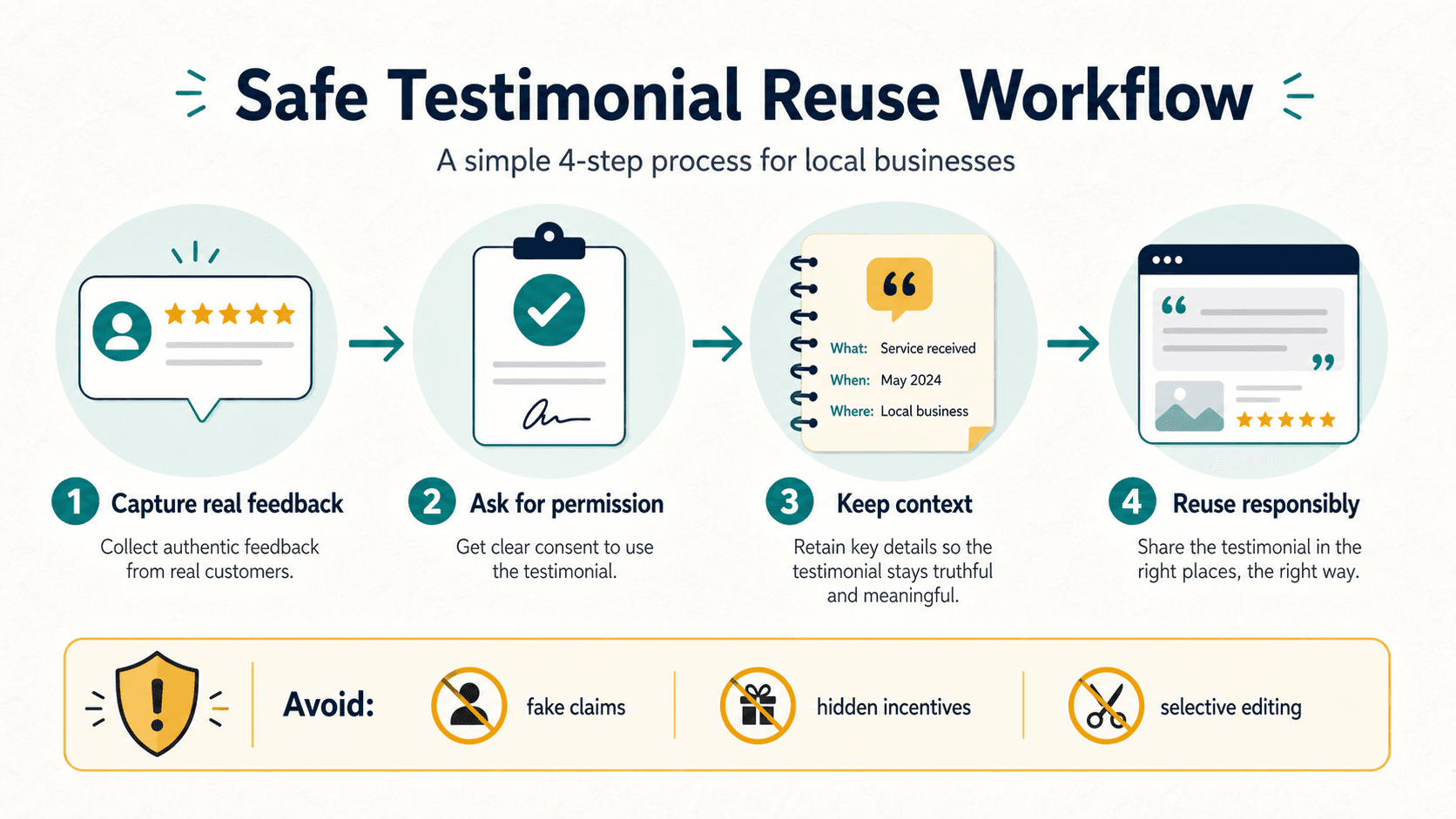 A four-step workflow showing how local businesses can reuse testimonials responsibly