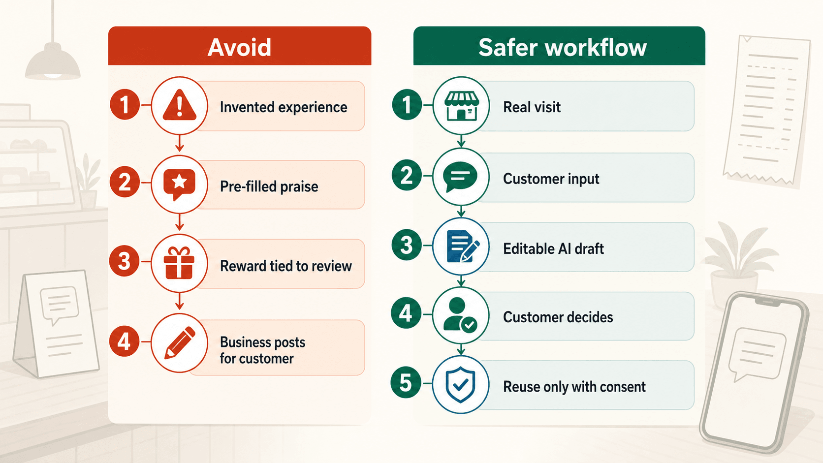 A two-lane diagram showing AI review draft mistakes to avoid and a safer customer-controlled workflow