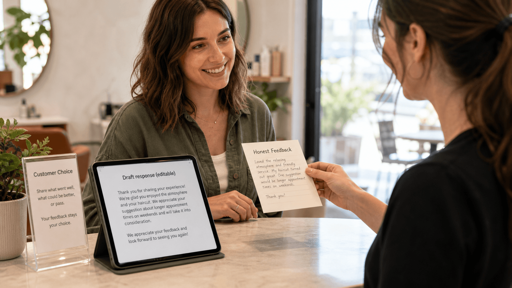 A local business owner reviewing honest customer feedback before an editable AI draft
