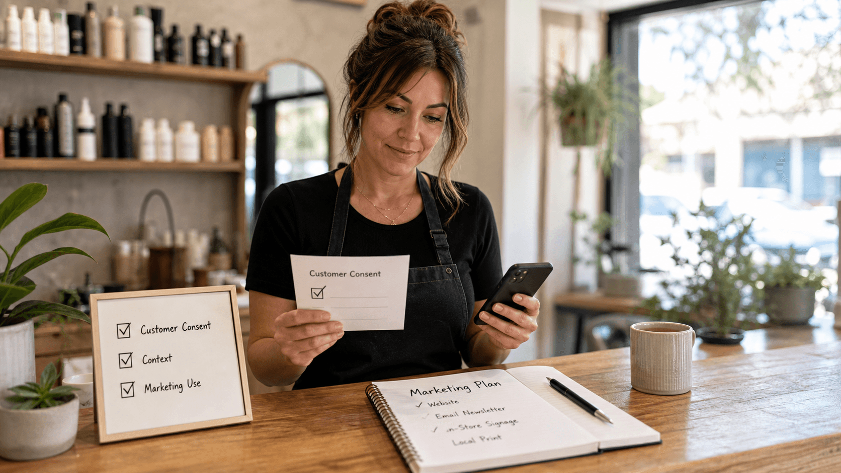 A local business owner reviews a customer comment with consent and context before reusing it in marketing.