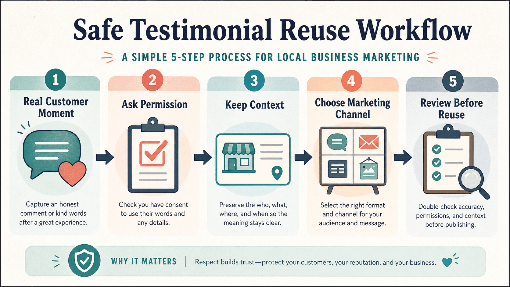 A five-step workflow for safely reusing customer testimonials: real customer moment, ask permission, keep context, choose marketing channel, review before reuse.