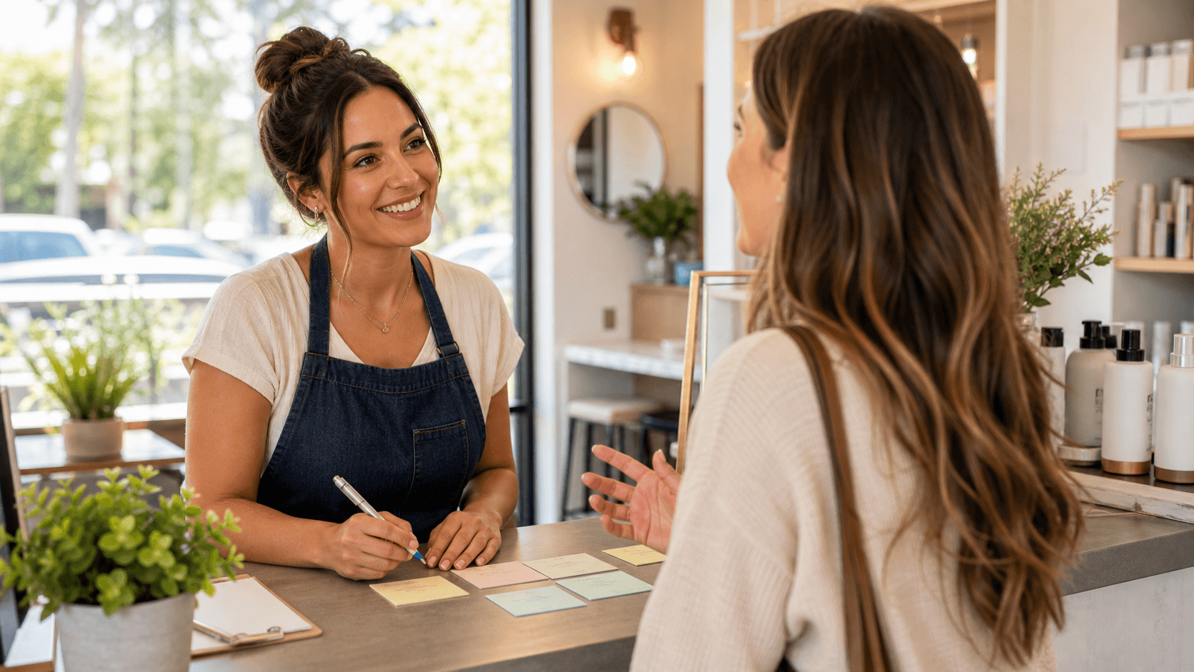 A local service business employee listening to a customer and noting experience cues at the counter