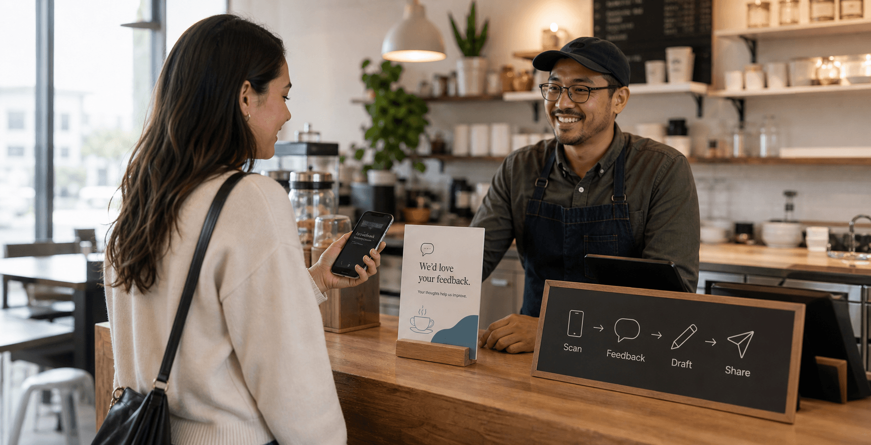 A customer scan turning into feedback, a draft, and shareable customer proof at a local business counter