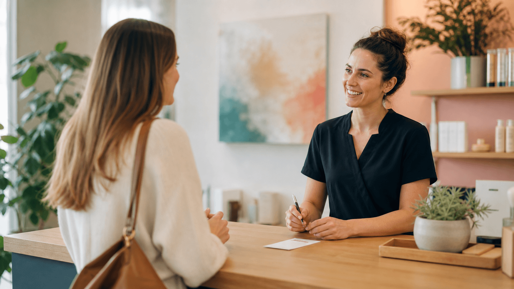 A service business owner having a low-pressure feedback conversation with a customer after an appointment