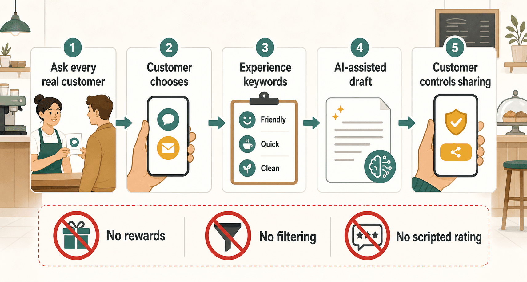 A compliant review request workflow from real customer experience to customer-controlled sharing