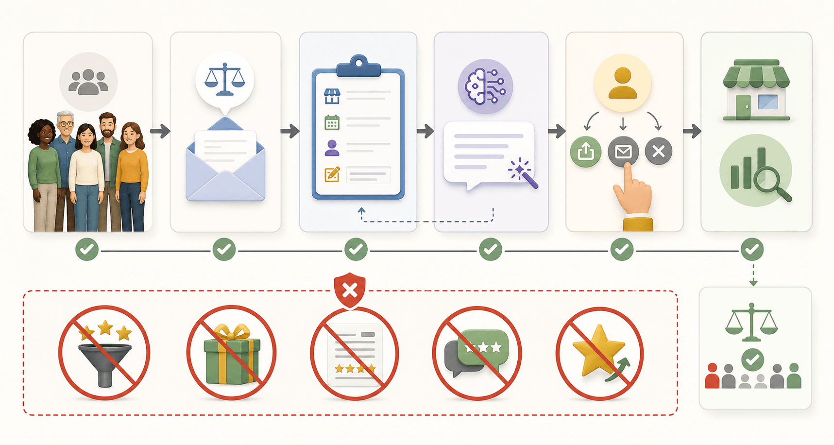 A neutral review request workflow showing every customer receiving the same fair feedback path