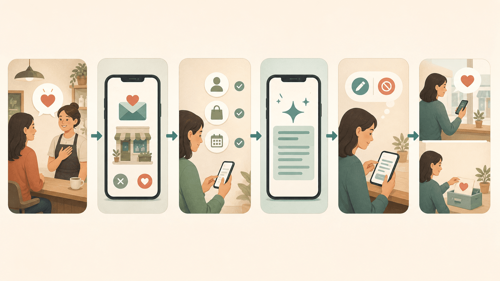 A wordless workflow showing a real customer compliment becoming a customer-controlled draft and honest review path
