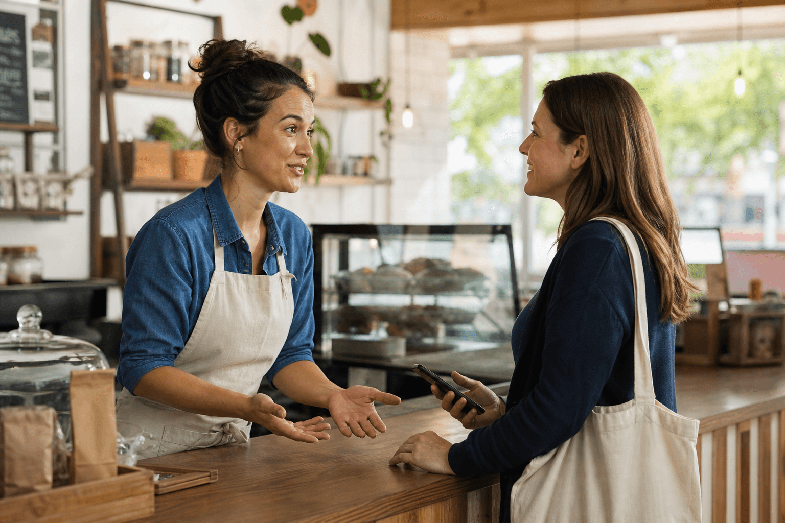 A cafe owner having a relaxed post-visit feedback conversation with a customer