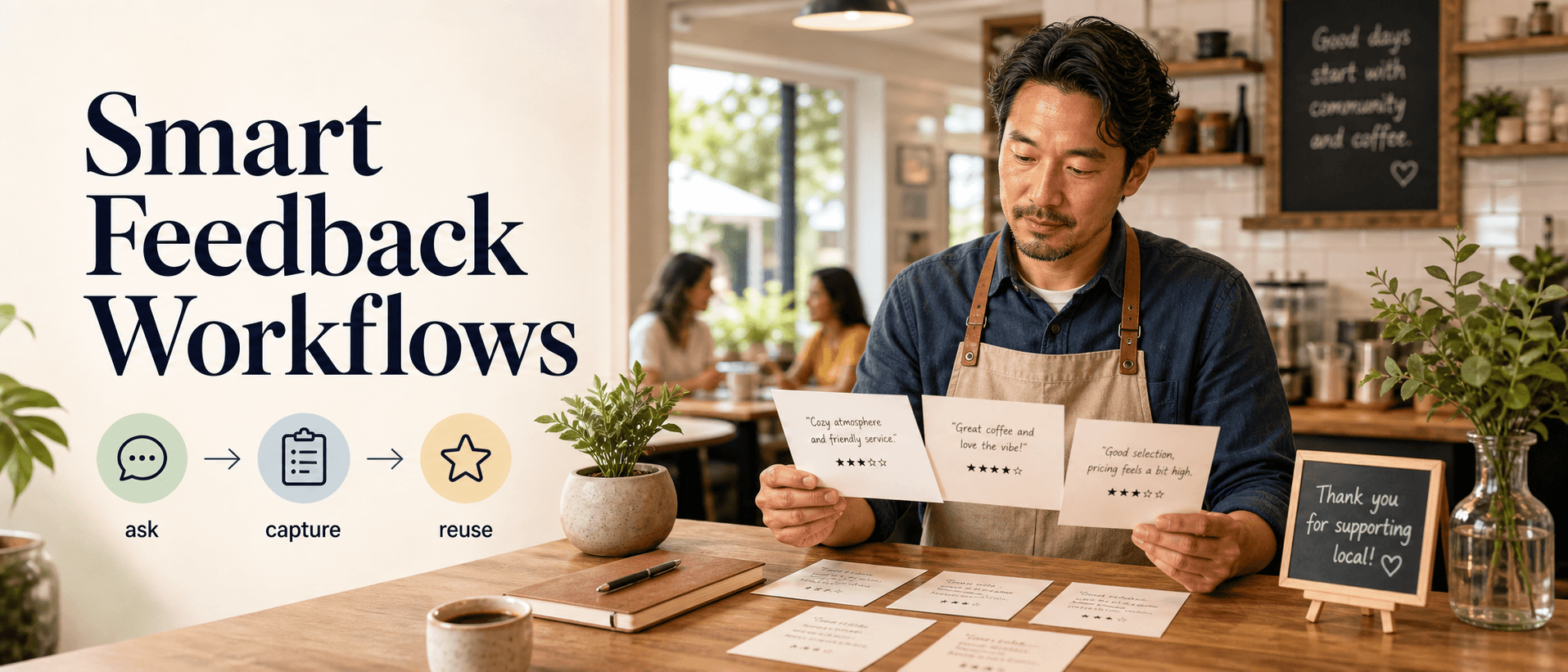 A neighborhood cafe owner reviewing customer feedback cards in a warm local business setting