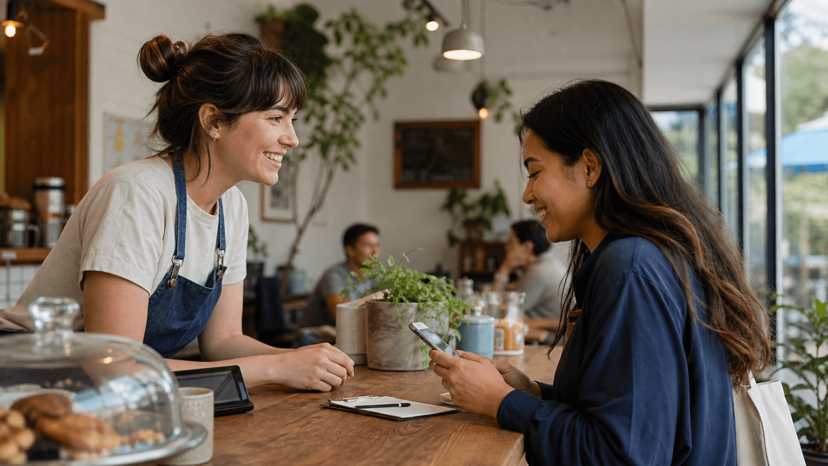 A local cafe customer using a phone after a positive service moment