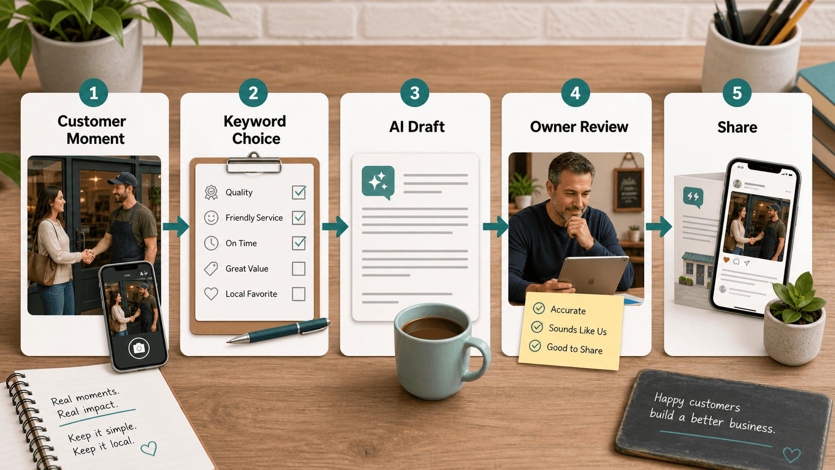 A five-step workflow from customer moment to AI draft, owner review, and sharing