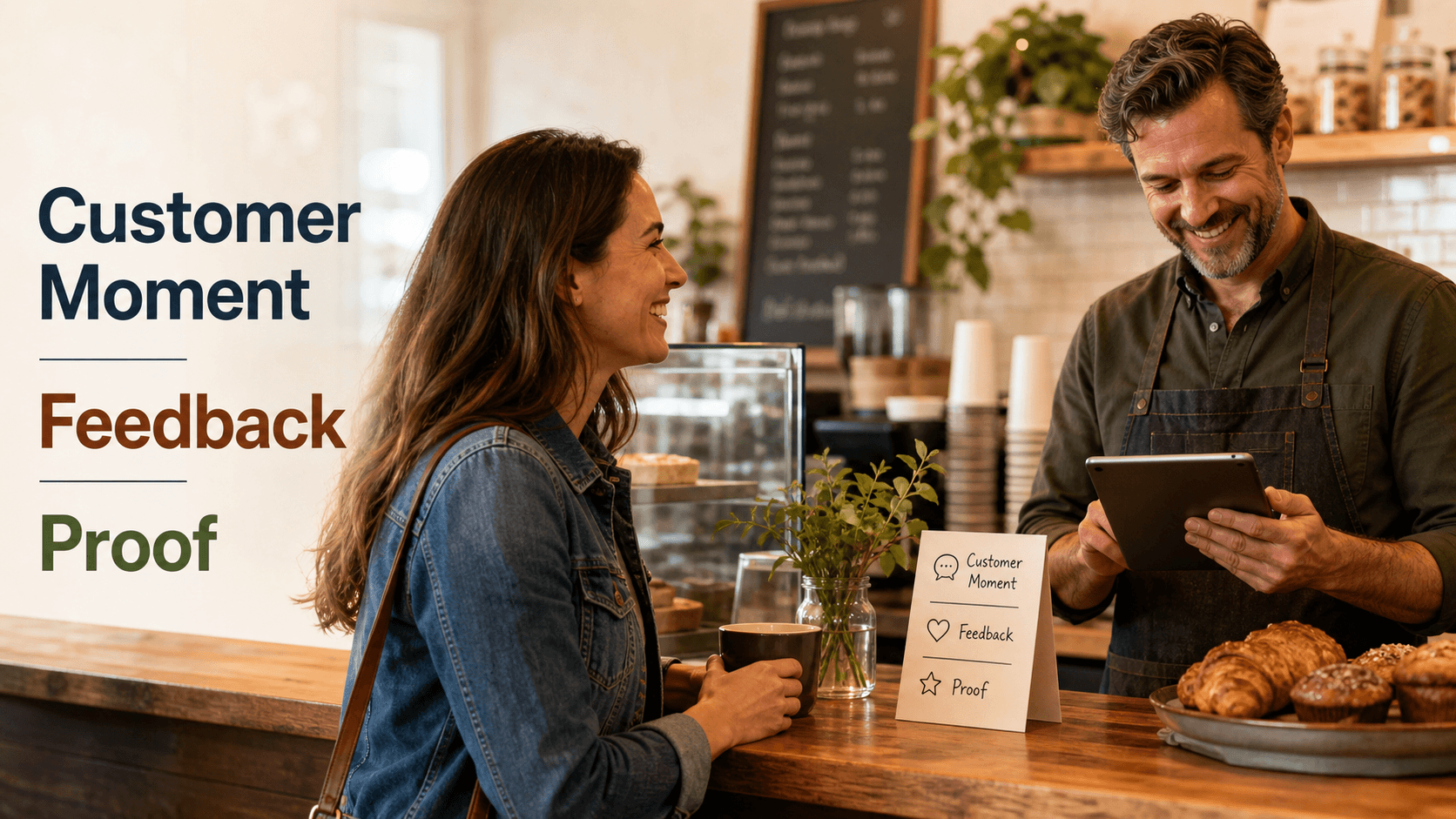 A repeat cafe customer sharing feedback with a local business owner