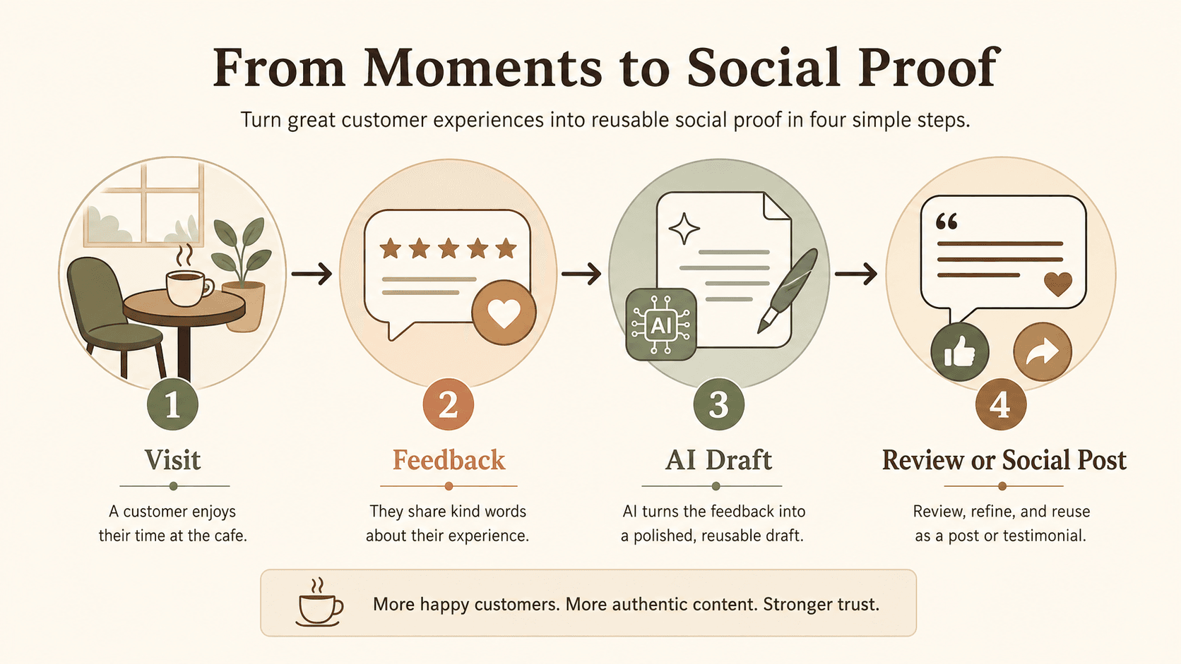 A four-step workflow from a cafe visit to feedback, AI draft, and reusable social proof