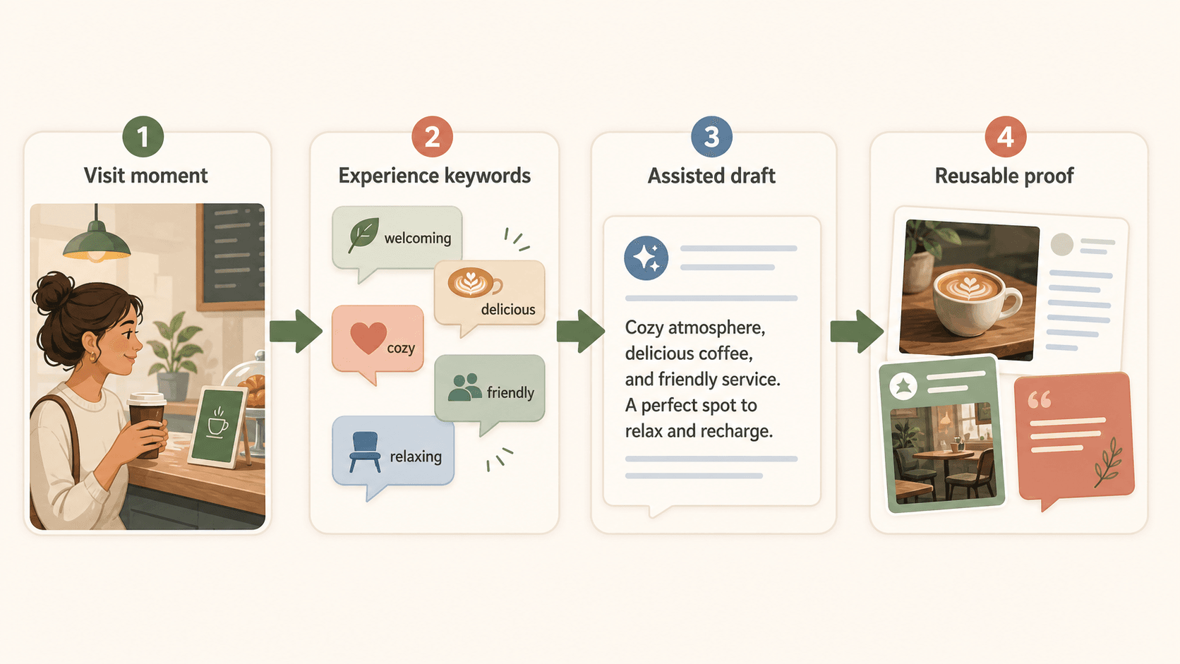 A four-step workflow showing how a cafe visit becomes experience keywords, an assisted draft, and reusable proof
