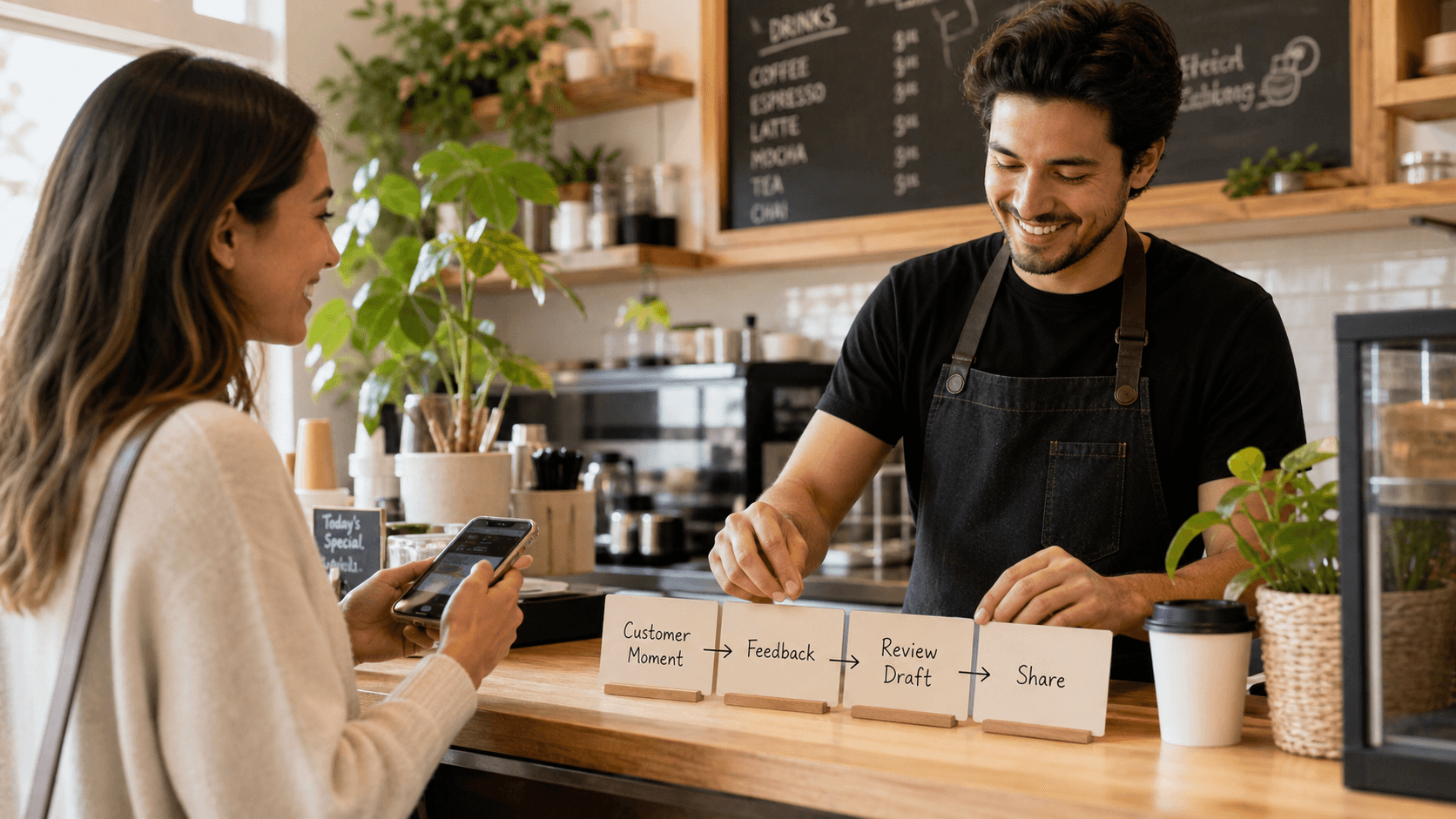 A customer using a phone at a neighborhood cafe counter beside a neutral customer feedback workflow