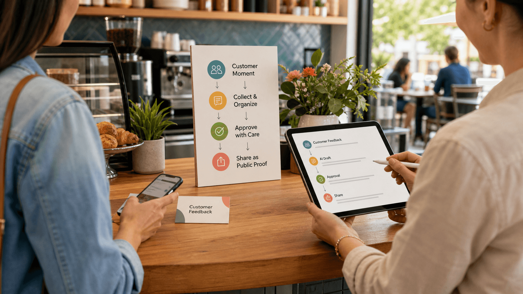 A neighborhood cafe counter showing a neutral customer feedback workflow from customer moment to approval and sharing