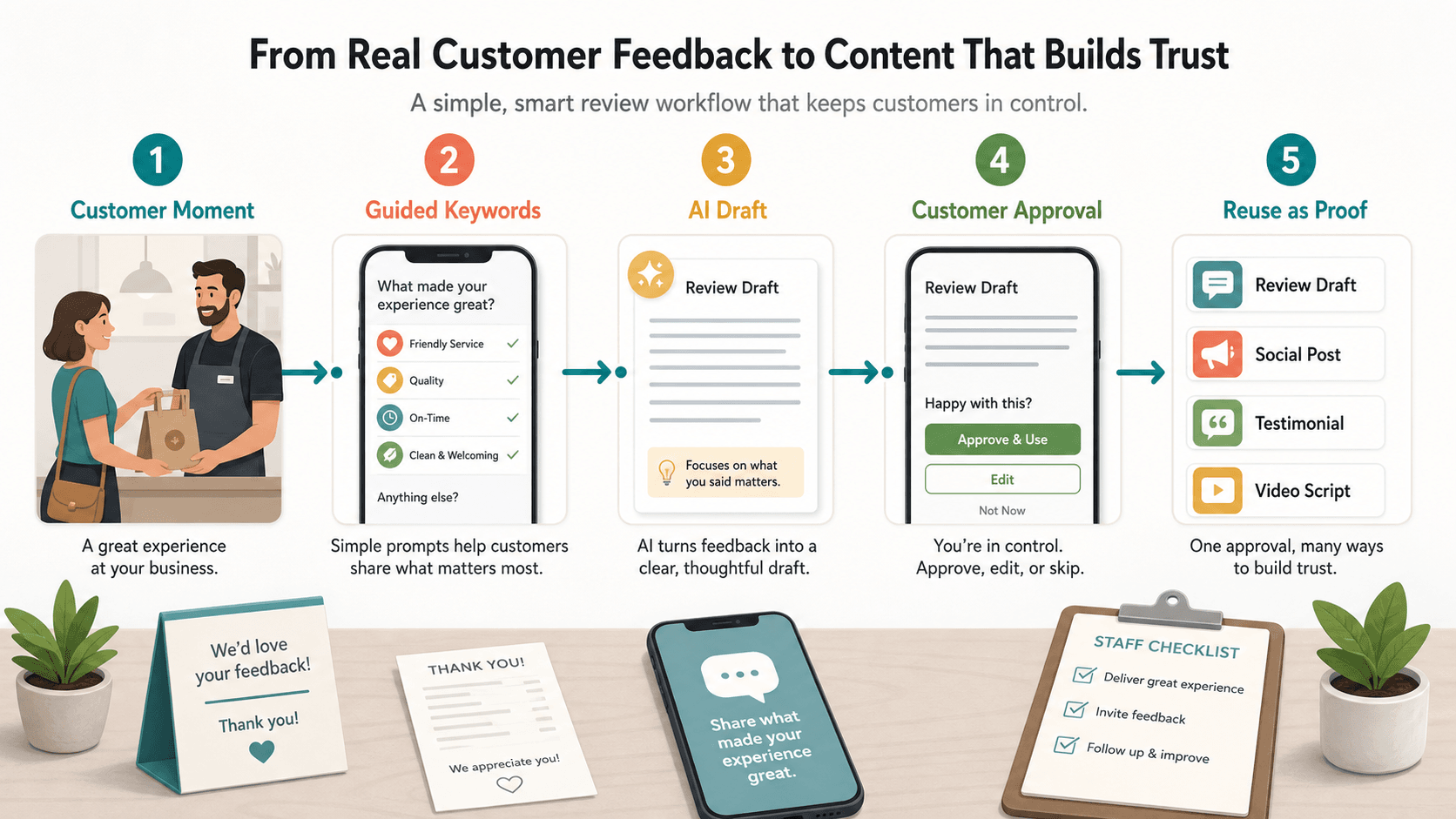 A five-step workflow showing customer moment, guided keywords, AI draft, customer approval, and reuse as proof