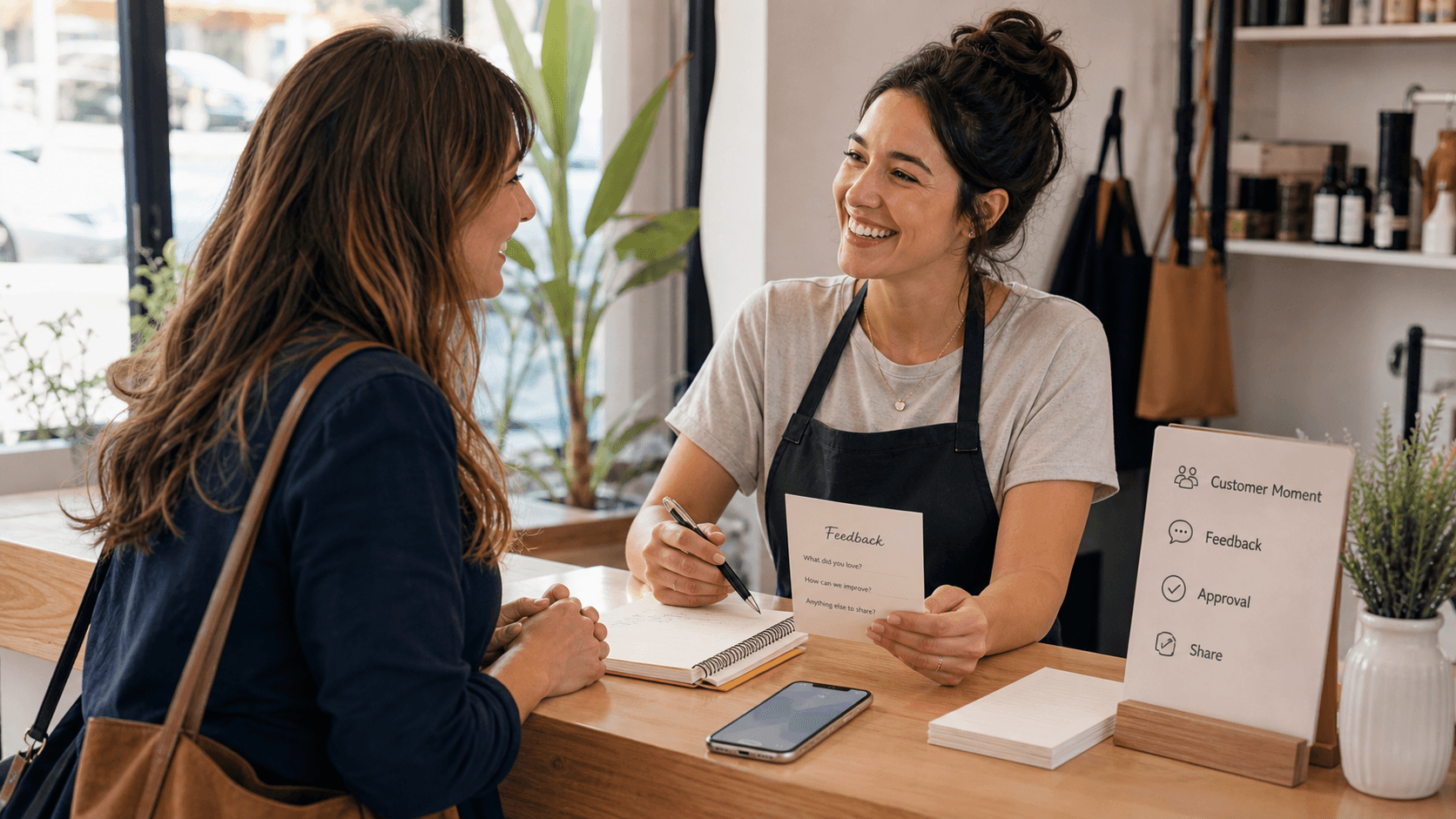 A local business owner discussing customer feedback with a customer at a neighborhood counter