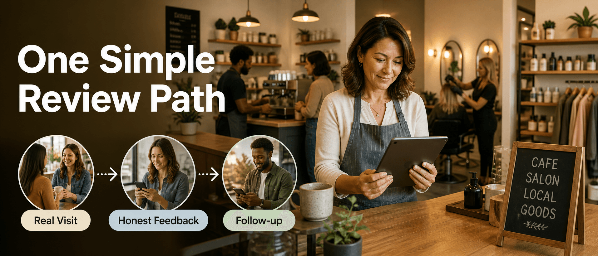 A small business owner reviewing a simple customer review workflow across local service moments