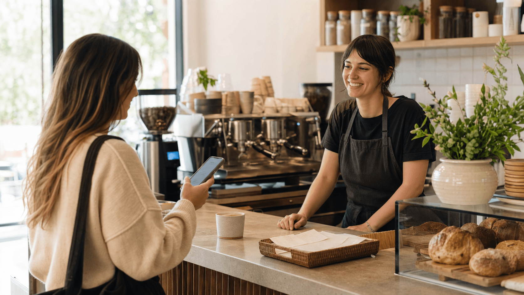 A cafe customer sharing feedback on a phone at the counter while a barista offers a low-pressure handoff