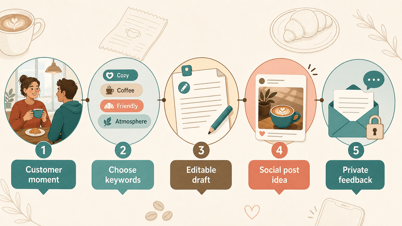A four-step cafe feedback workflow showing customer moment, keyword choice, review draft, social post, and customer edits