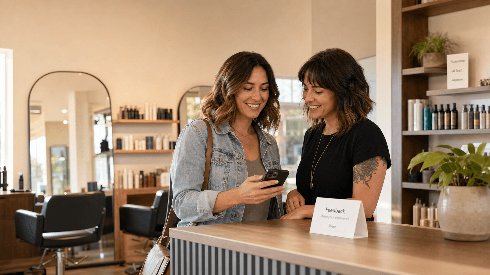 A salon client and stylist review a feedback prompt after an appointment