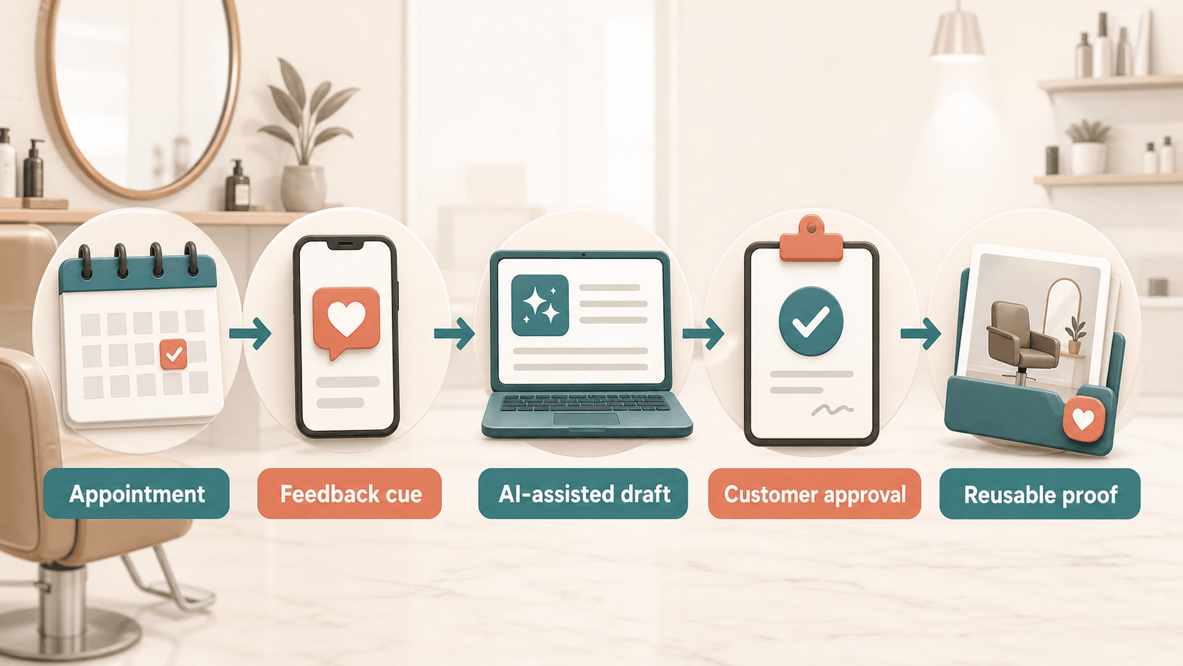 A five-step salon feedback workflow from appointment to reusable proof
