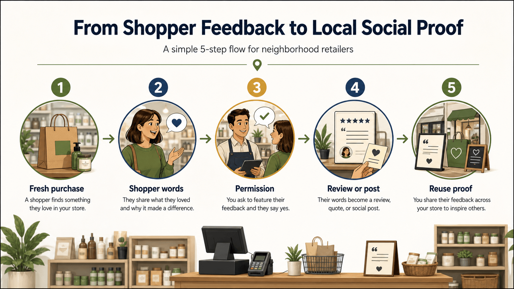 A five-step workflow from shopper feedback to local social proof