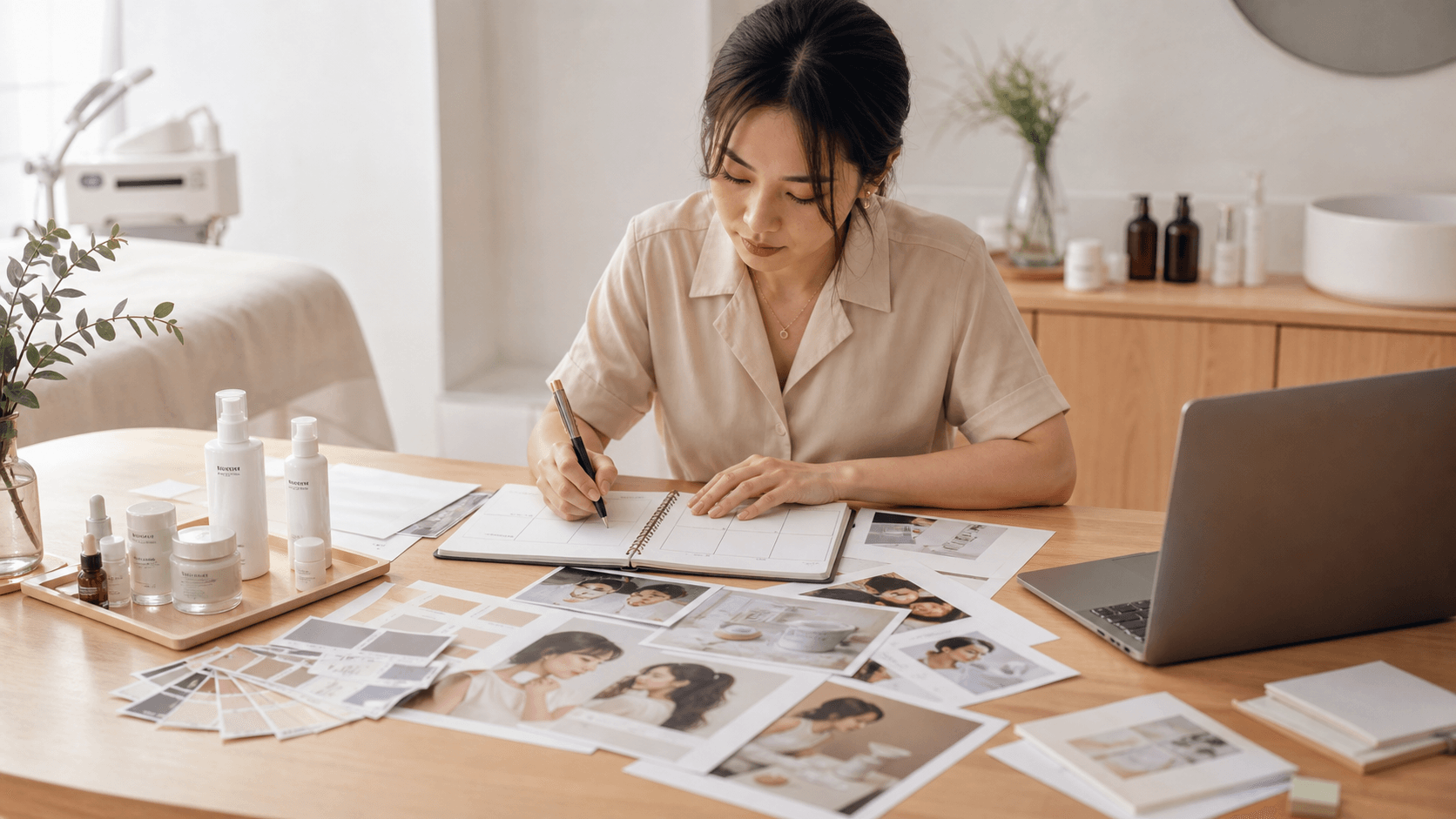 A salon owner organizing service notes, visual references, and a content calendar