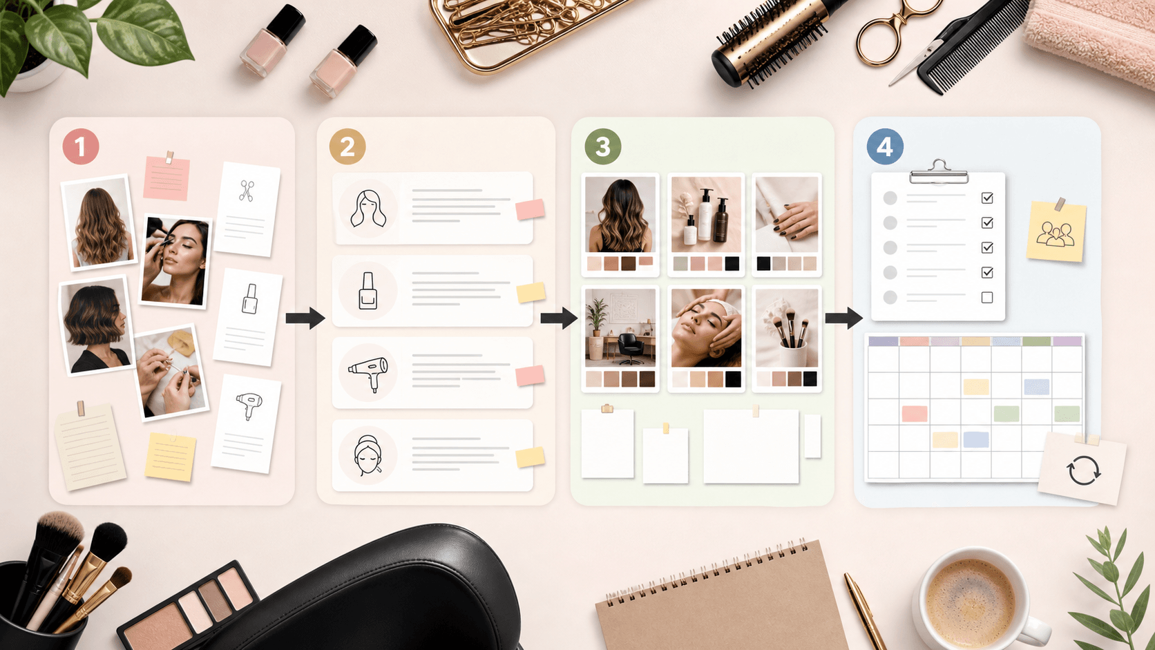 A visual workflow for turning salon service information into drafts, visuals, review, and a schedule