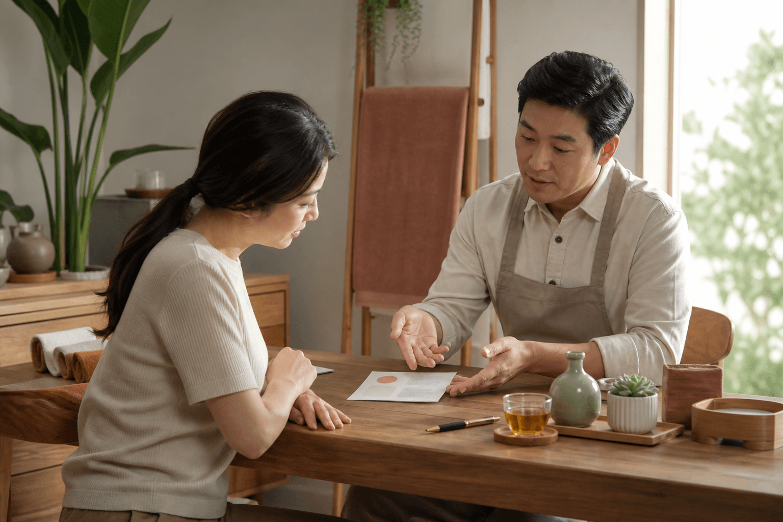 服务商家向顾客解释服务流程的咨询场景