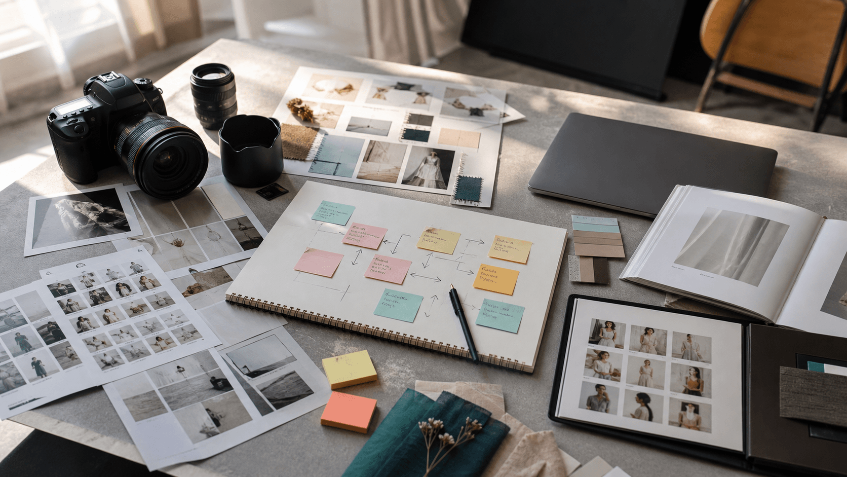 A photography studio planning table with camera gear, contact sheets, mood boards, and content notes