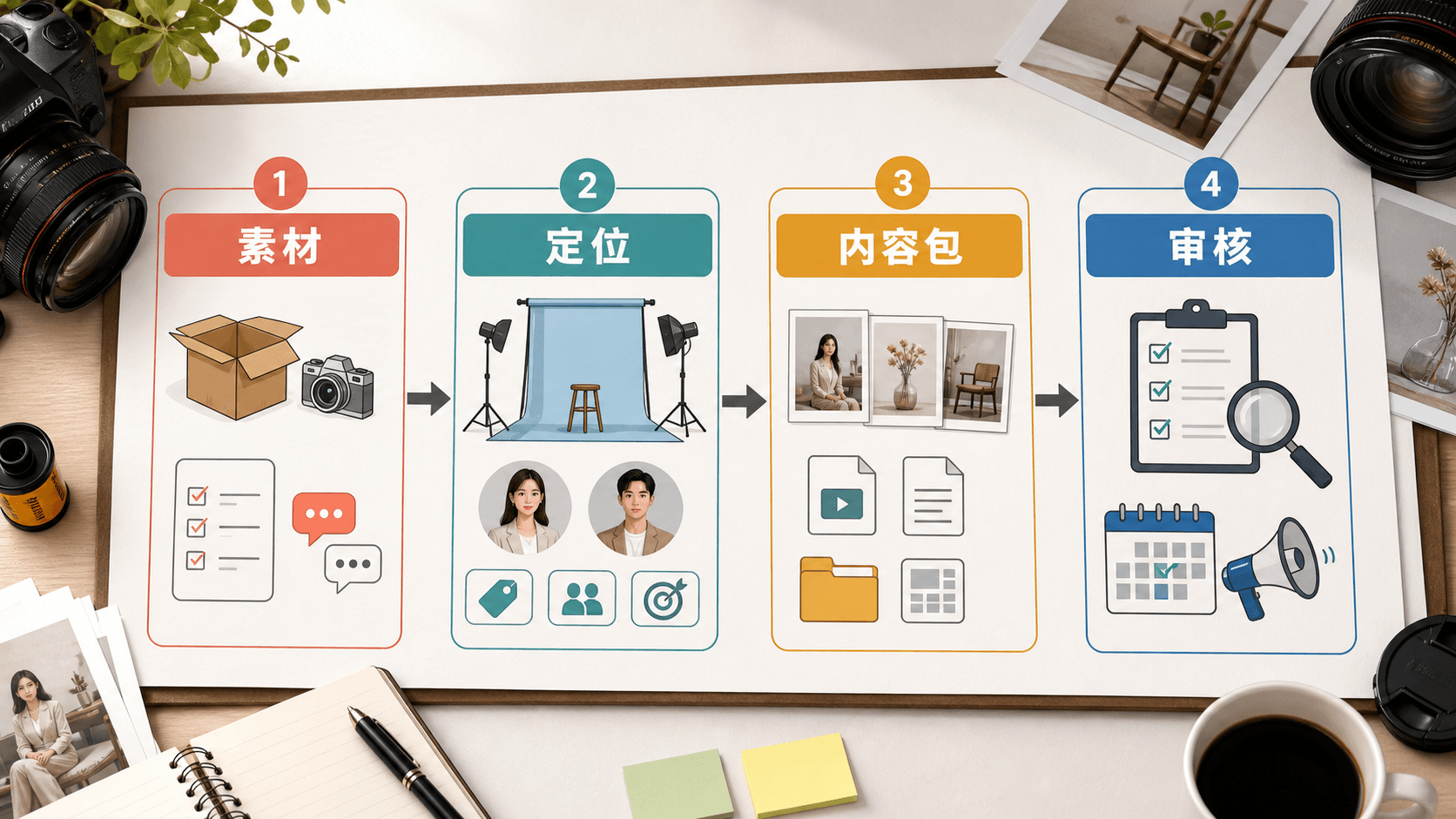A four-step workflow showing studio materials, positioning, content bundle, and human review