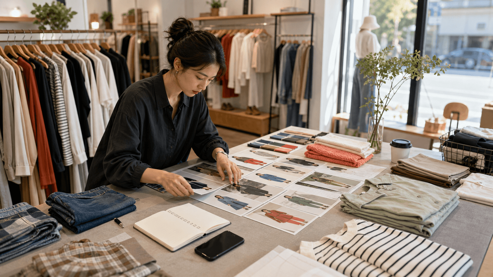 服装零售店把款式卖点整理成搭配图文计划的工作台